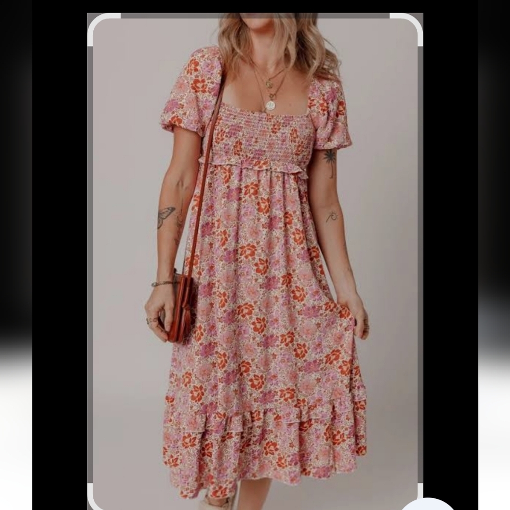 Altar'D State Floral Midi Dress Square Neck Knot Back Ruffle Hem Sz XS NWT - Picture 3 of 15